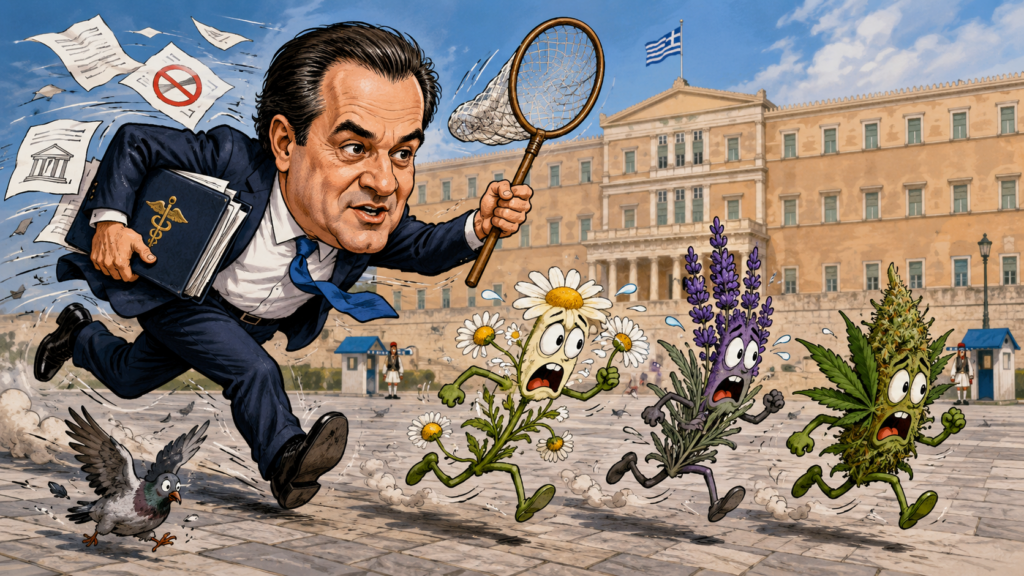 Σατιρική καρικατούρα του υπουργού Υγείας να κυνηγάει χαμομήλι, λεβάντα και ανθό κάνναβης μπροστά από τη Βουλή, με φόντο τη συζήτηση για τα ψεκασμένα βότανα.