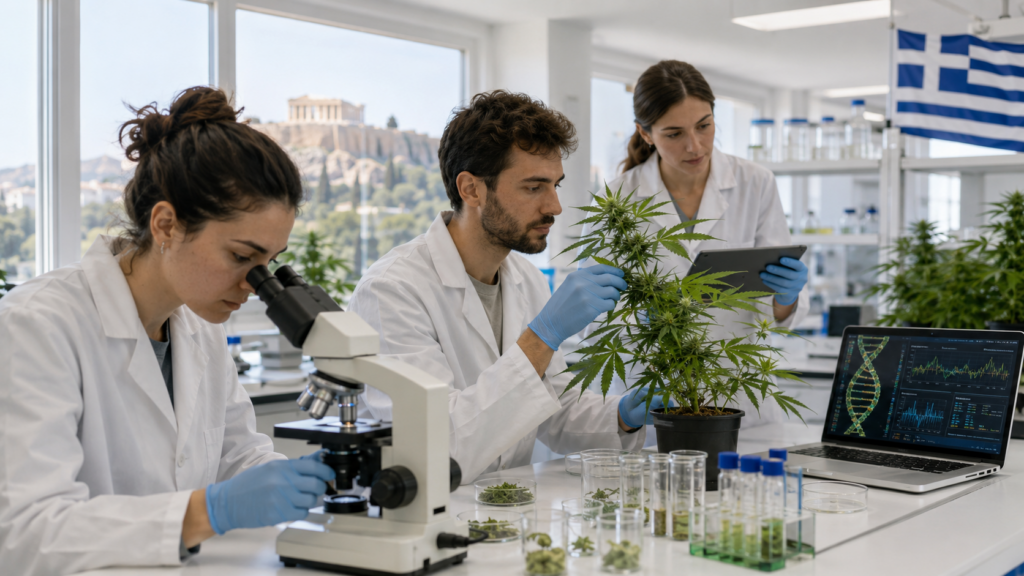 Ερευνητές σε πανεπιστημιακό εργαστήριο εξετάζουν φυτά κάνναβης για γενετική έρευνα και ανάπτυξη εξειδικευμένων ποικιλιών