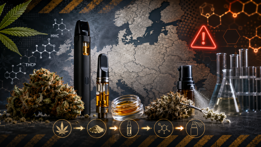 Από το HHC στα drug-vapes: Η Ευρώπη βλέπει την αγορά ψυχοδραστικών ουσιών να αλλάζει μορφή Ευρωπαϊκός χάρτης με προϊόντα κάνναβης, vape συσκευές, εργαστηριακά σύμβολα και προειδοποίηση για νέα κανναβινοειδή, drug-vapes και ψυχοδραστικές ουσίες.