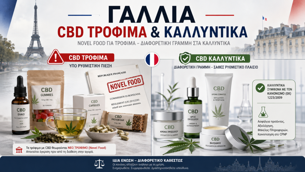 Γραφικό για τη γαλλική αγορά CBD, με αναφορά στα τρόφιμα CBD, το πλαίσιο Novel Food και τα καλλυντικά CBD στην Ευρώπη.