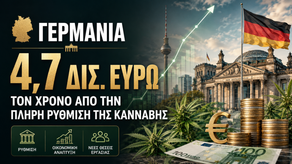 Γραφικό για τη Γερμανία και την οικονομική προοπτική της πλήρους ρύθμισης της κάνναβης, με αναφορά στα 4,7 δισ. ευρώ ετησίως, φόντο γερμανική σημαία, ευρώ, κάνναβη και ανοδικό οικονομικό γράφημα.