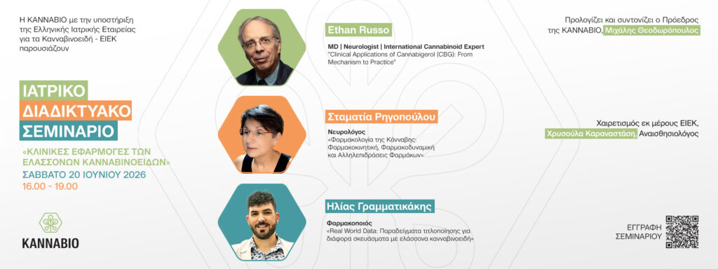 Αφίσα ιατρικού διαδικτυακού σεμιναρίου της KANNABIO και της ΕΙΕΚ για τις κλινικές εφαρμογές των ελάσσονων κανναβινοειδών, με ομιλητές τον Ethan Russo, τη Σταματία Ρηγοπούλου και τον Ηλία Γραμματικάκη.