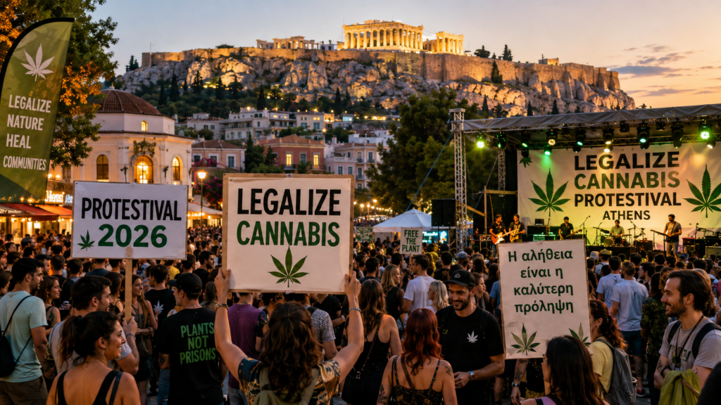 Κόσμος στο Θησείο για το Legalize Cannabis Protestival 2026 με πανό υπέρ της νομιμοποίησης της κάνναβης.