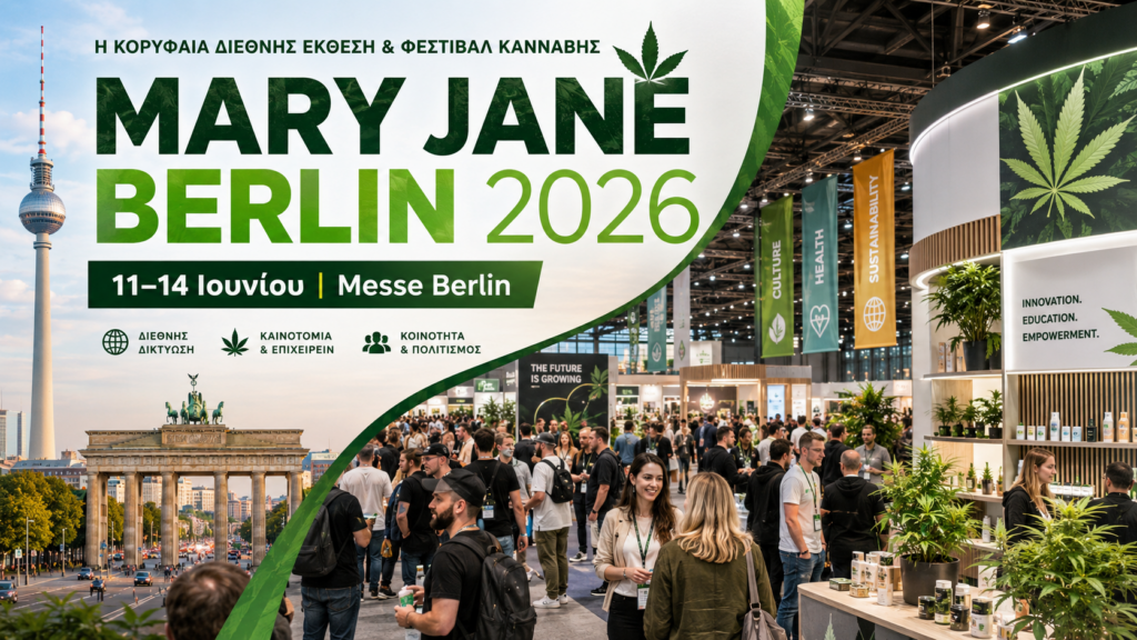 Mary Jane Berlin 2026: Μία από τις μεγαλύτερες διοργανώσεις κάνναβης στον κόσμο επιστρέφει στο Βερολίνο Γραφικό ή φωτογραφία για τη Mary Jane Berlin 2026, μία από τις μεγαλύτερες διεθνείς διοργανώσεις κάνναβης, με έκθεση, φεστιβάλ, συνέδριο και B2B ημέρα στο Messe Berlin.