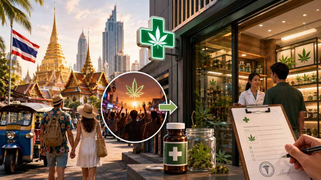 Τουρίστες στην Ταϊλάνδη μπροστά από dispensary κάνναβης που λειτουργεί πλέον με ιατρική συνταγή, με φόντο ναούς, αστικό τοπίο και σύμβολα medical cannabis.