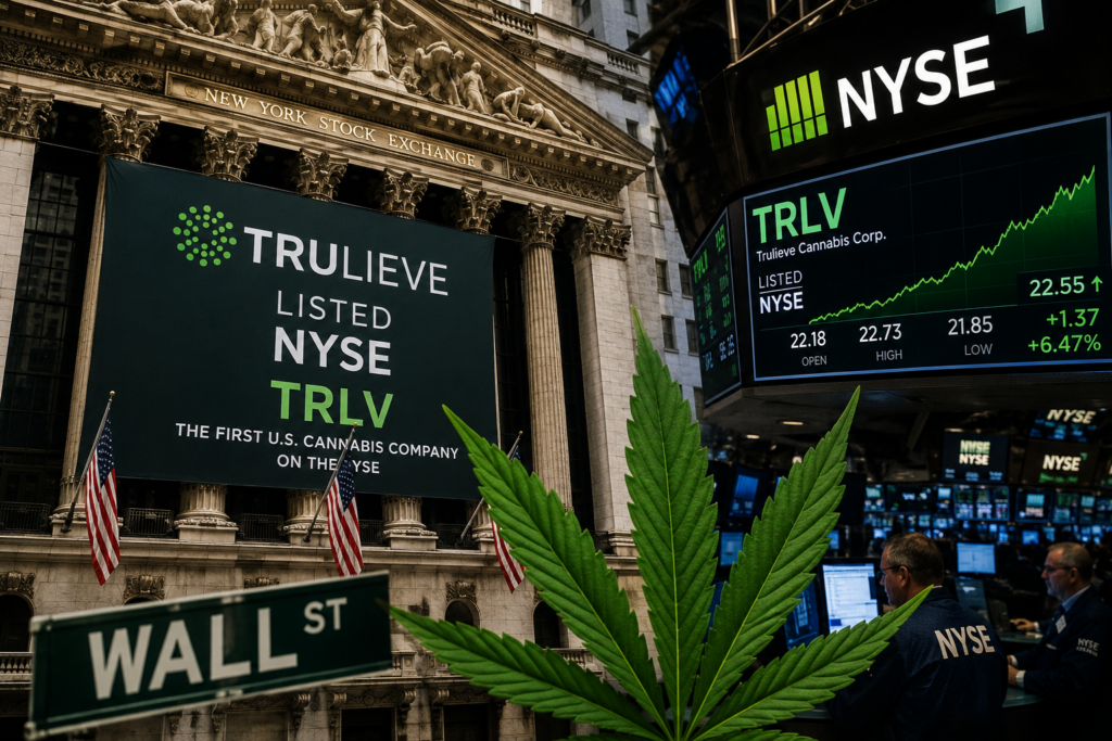 Χρηματιστηριακή αίθουσα της Wall Street με διακριτικό πράσινο φύλλο κάνναβης και την ένδειξη TRLV σε ψηφιακό ταμπλό, συμβολίζοντας την είσοδο της ιατρικής κάνναβης στο NYSE.