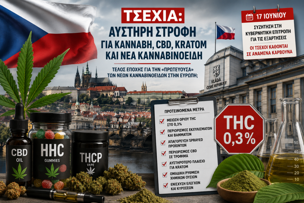 Γραφική απεικόνιση της Τσεχίας με σύμβολα κάνναβης, εργαστηριακά δοχεία και ένδειξη THC 0,3% για ρεπορτάζ σχετικά με τα νέα κανναβινοειδή