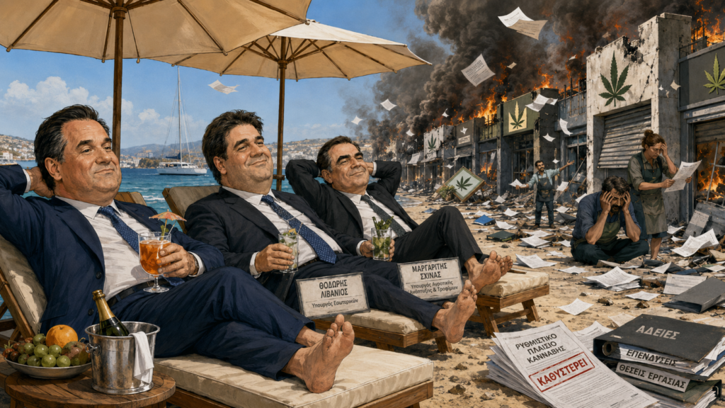 Σατιρική εικόνα υπουργών σε ξαπλώστρες, ενώ πίσω τους καταστήματα κάνναβης καίγονται και έγγραφα για κανονιστικές αποφάσεις σκορπίζονται στον αέρα.