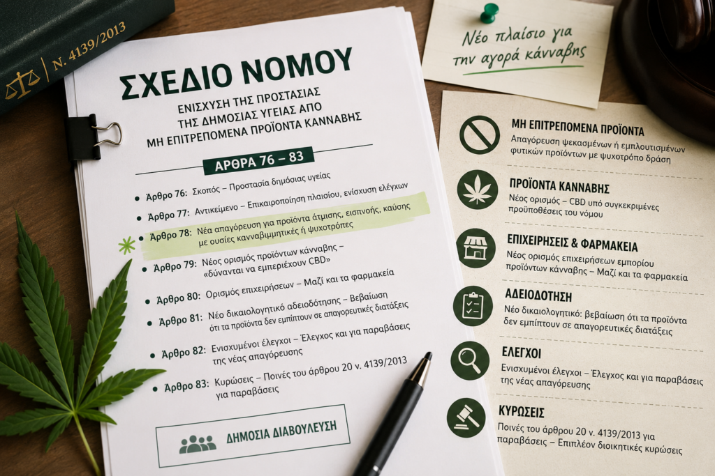 Νομοσχέδιο για την κάνναβη με σημειώσεις για άδειες, ελέγχους, προϊόντα και κυρώσεις στην ελληνική αγορά.