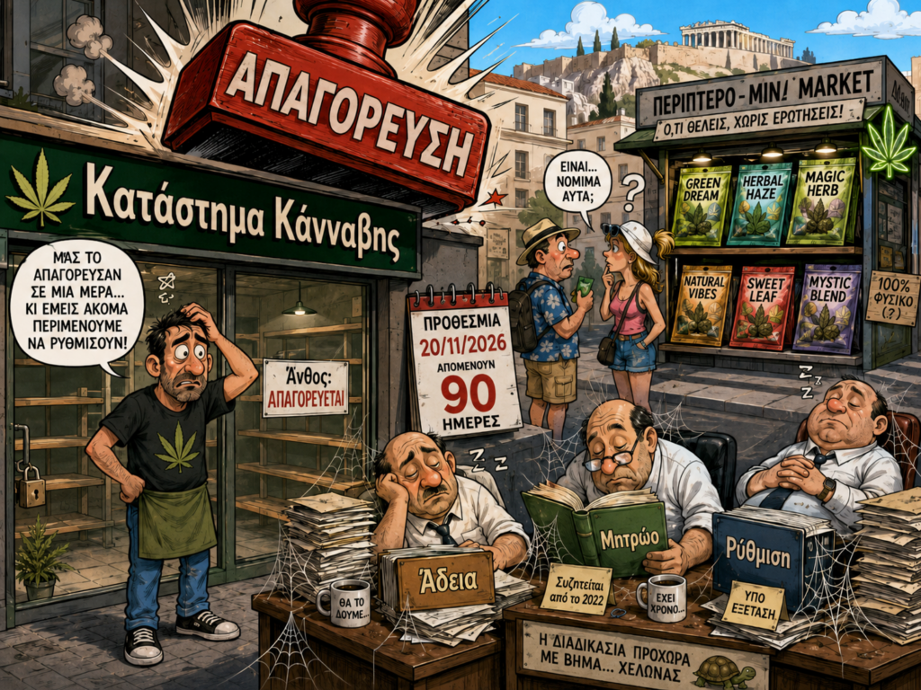 Σατιρική καρτουνίστικη απεικόνιση της αγοράς κάνναβης στην Ελλάδα, με άμεση απαγόρευση του ανθού, καθυστερήσεις σε άδειες και μητρώο και περίπτερο με αμφιλεγόμενα herb προϊόντα.
