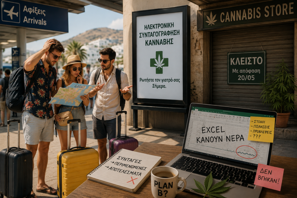 Τρεις τουρίστες με βαλίτσες σε χώρο αφίξεων στην Ελλάδα στέκονται μπερδεμένοι μπροστά σε διαφήμιση ηλεκτρονικής συνταγογράφησης κάνναβης και σε κλειστό κατάστημα κάνναβης, ενώ δίπλα ένα laptop με σημειώσεις δείχνει ότι τα αναμενόμενα αποτελέσματα δεν ήρθαν.