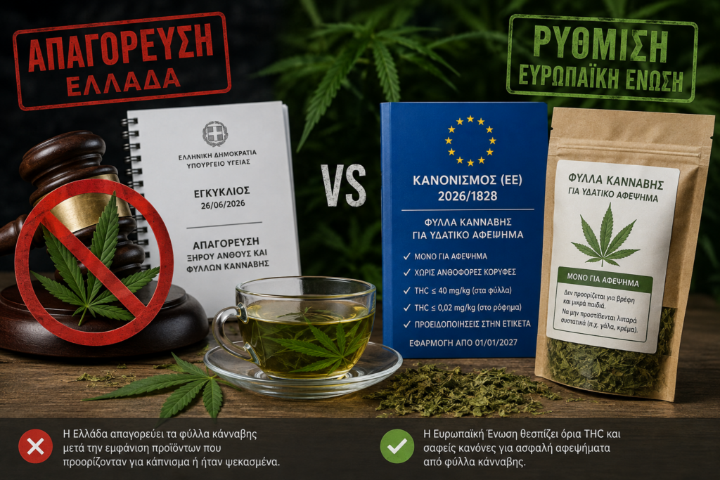 Σύγκριση Ελλάδας και Ευρωπαϊκής Ένωσης για τα φύλλα κάνναβης, με την ελληνική απαγόρευση απέναντι στον ευρωπαϊκό Κανονισμό 2026/1828 που θεσπίζει όρια THC και κανόνες για αφεψήματα.