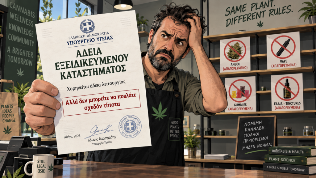 Ιδιοκτήτης καταστήματος κάνναβης κρατά άδεια εξειδικευμένου καταστήματος ενώ τα βασικά προϊόντα στα ράφια εμφανίζονται απαγορευμένα.