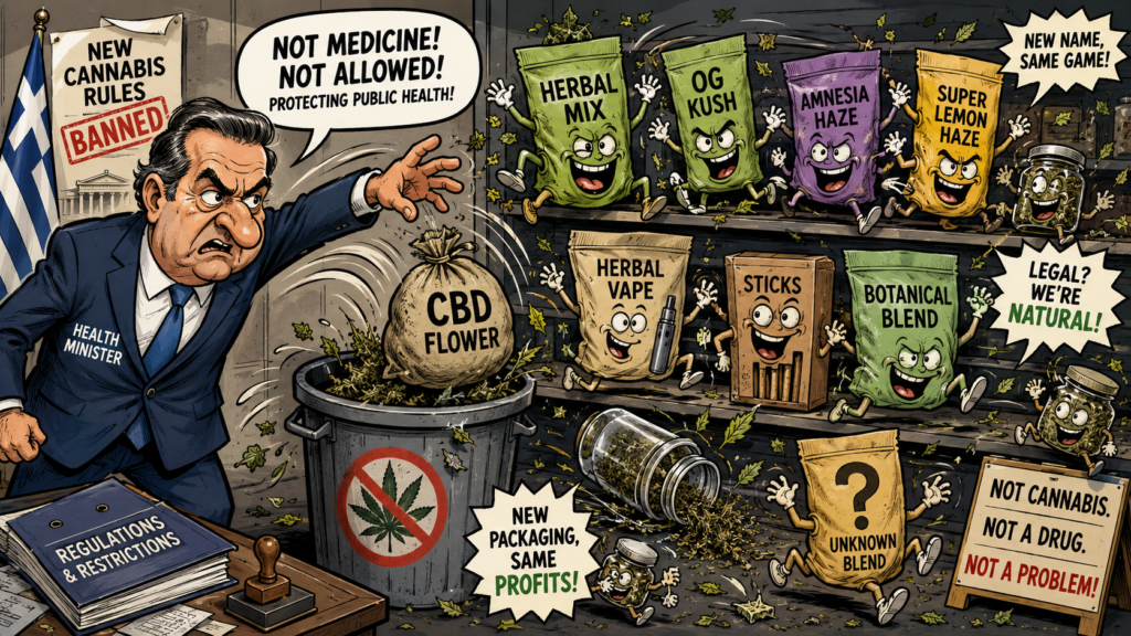 Σατιρική απεικόνιση της απαγόρευσης του CBD flower, με τον υπουργό να πετά την κάνναβη στα σκουπίδια ενώ herbal mixes, vapes και άλλα υποκατάστατα γεμίζουν τα ράφια.